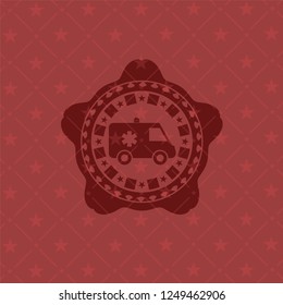ambulance icon inside red emblem. Retro
