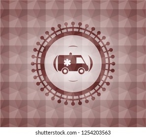 ambulance icon inside red emblem with geometric background. Seamless.