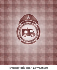 ambulance icon inside red emblem or badge with abstract geometric pattern background. Seamless.