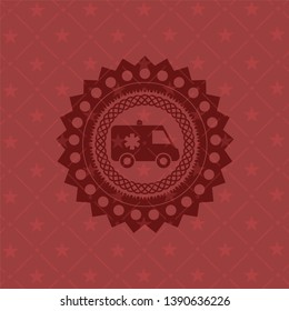 ambulance icon inside red emblem. Vintage.