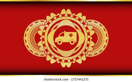 Ambulance icon inside Red and Gold realistic emblem. Traditional exquisite background. Vector illustration. 