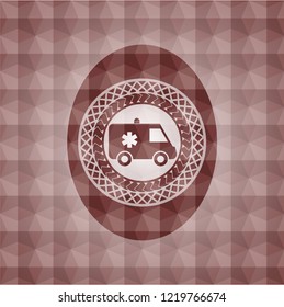 ambulance icon inside red seamless emblem or badge with geometric pattern background.