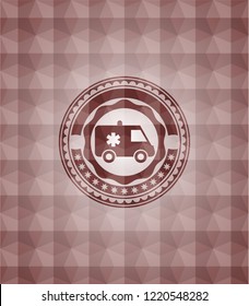 ambulance icon inside red seamless badge with geometric background.