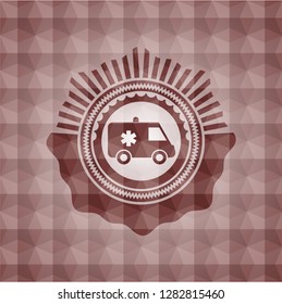 ambulance icon inside red seamless badge with geometric pattern.