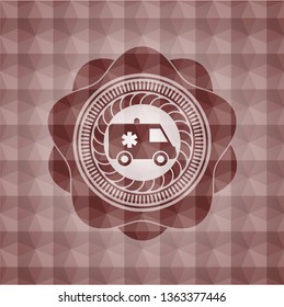 ambulance icon inside red seamless emblem with geometric background.