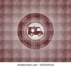 ambulance icon inside red seamless geometric pattern emblem. Seamless.