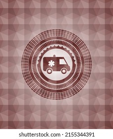 ambulance icon inside red seamless emblem with geometric background. 