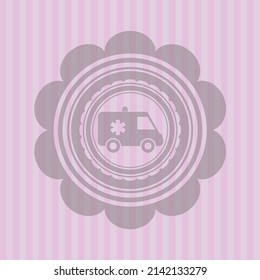 ambulance icon inside retro style pink emblem. Concept design. 