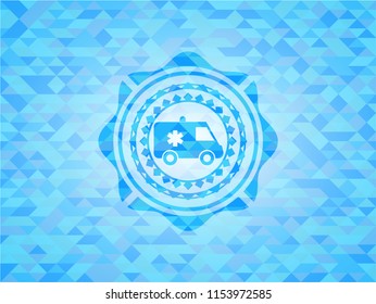 ambulance icon inside sky blue emblem with triangle mosaic background