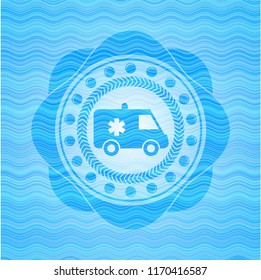ambulance icon inside sky blue water wave emblem background.