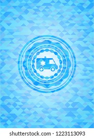 ambulance icon inside sky blue emblem with mosaic background