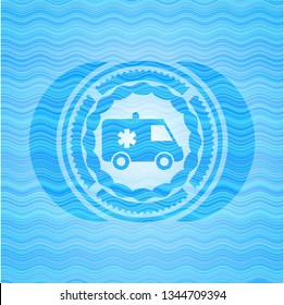 ambulance icon inside sky blue water wave style emblem.