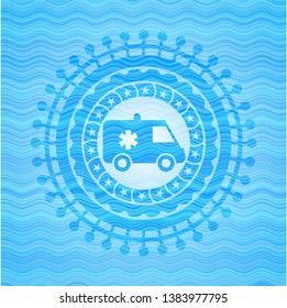 ambulance icon inside sky blue water wave emblem background.