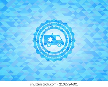 ambulance icon inside sky blue mosaic emblem. 