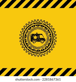 ambulance icon inside warning sign, black grunge emblem. Vector Illustration. Detailed. 