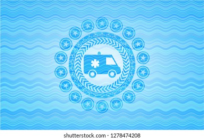 ambulance icon inside water style emblem.