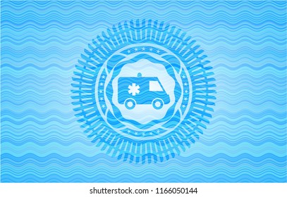 ambulance icon inside water wave concept badge background.