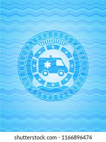 ambulance icon inside water wave emblem background.