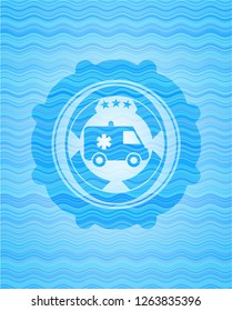 ambulance icon inside water wave emblem background.