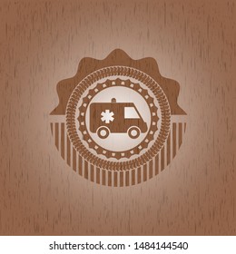 ambulance icon inside wooden emblem. Retro