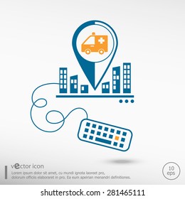 Ambulance icon and keyboard. Line icons for application development, creative process.