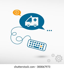 Ambulance icon and keyboard on chat speech bubbles. Line icons for application and creative process.
