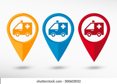 Ambulance icon map pointer, vector illustration. Flat design style