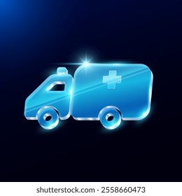 Ambulance icon model 3d. Form translucent shiny glass or acrylic modern on blue background. For design medical science advertising media. Vector EPS10.