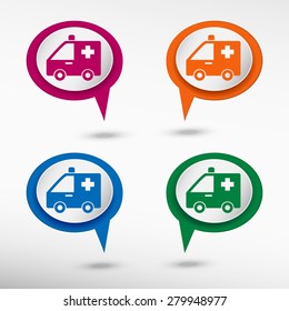 Ambulance icon on colorful chat speech bubbles