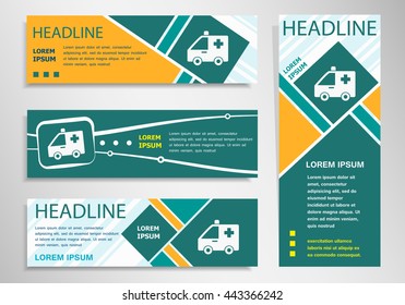 Ambulance icon on horizontal and vertical discount banner, header. Modern banner design template