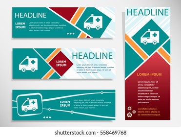 Ambulance icon on horizontal and vertical banner. Modern abstract flyer, banner, brochure design template. 