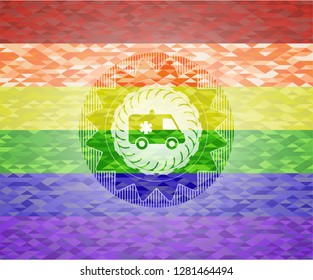 ambulance icon on mosaic background with the colors of the LGBT flag