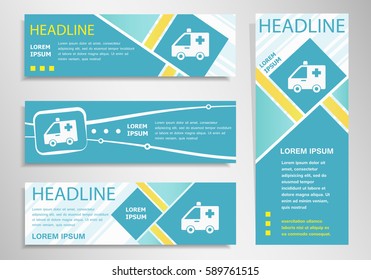 Ambulance icon on vertical and horizontal banner. Modern abstract flyer, banner design template.