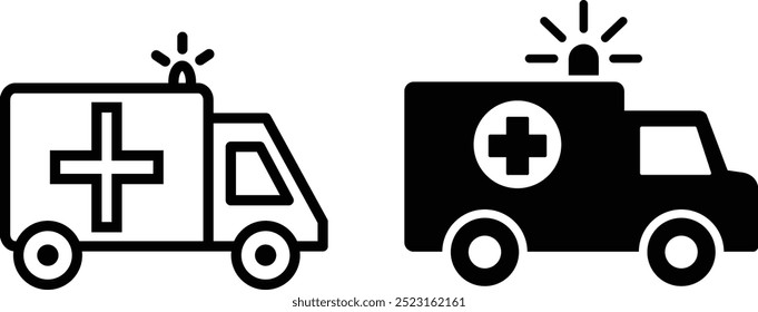 Ambulance icon on white background . Set of Ambulance Vectors: Emergency Vehicle Design .Ambulance Graphic .  Healthcare Vehicle Vector .  A detailed vector of an ambulance on a white background,