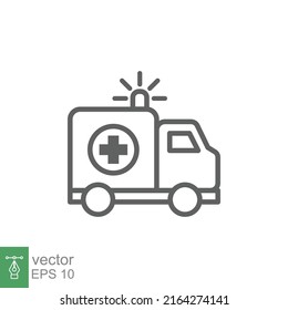 Ambulance icon, outline emergency car, medicine van, care medic support, thin line web symbol on white background. Vector illustration EPS 10.