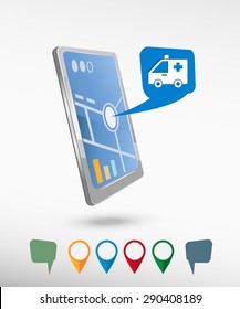Ambulance icon  and perspective smart phone vector realistic. Set of bright map pointers for printing, website, presentation element and application mock up.