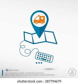 Ambulance icon and pin on the map. Line icons for application development, creative process. 
