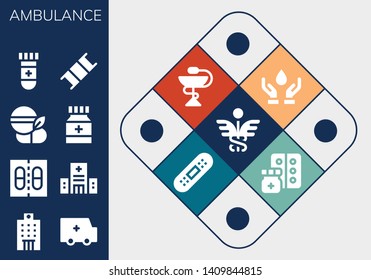 ambulance icon set. 13 filled ambulance icons.  Collection Of - Caduceus, Hospital, Ambulance, Medicine, Blood test, Stretcher, Blood donation, Pharmacy, Bandage