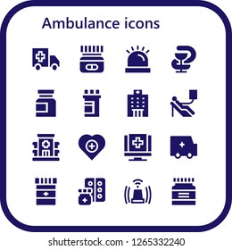  ambulance icon set. 16 filled ambulance icons. Simple modern icons about  - Ambulance, Medicine, Siren, Pharmacy, Hospital, Blood donation, Health, Medical