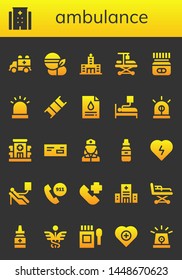 ambulance icon set. 26 filled ambulance icons.  Collection Of - Ambulance, Hospital, Medicine, Hospitalization, Siren, Stretcher, Blood test, Blood donation, Nurse, Defibrillator