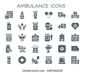 ambulance icon set. 30 filled ambulance icons.  Collection Of - Medicine, Blood test, Ambulance, Hospital, Blood donation, Health, Caduceus, Pharmacy, Stretcher, Siren, Beats pill