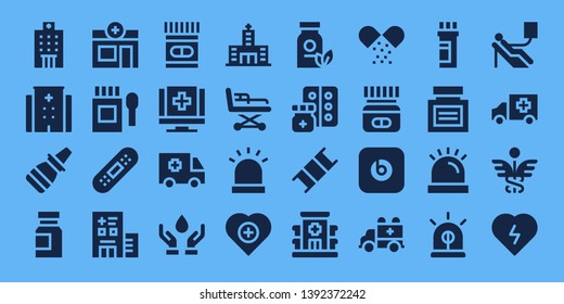 ambulance icon set. 32 filled ambulance icons. on blue background style Collection Of - Hospital, Nasal spray, Medicine, Pharmacy, Bandage, Medical, Ambulance, Blood donation