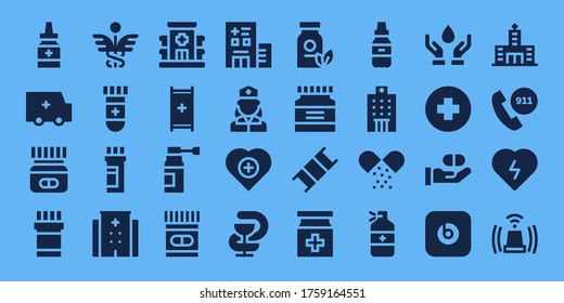 ambulance icon set. 32 filled ambulance icons. on blue background style Simple modern icons such as: Medicine, Ambulance, Caduceus, Blood test, Hospital, Stretcher, Nurse, Health
