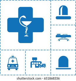 Ambulance icon. set of 6 filled icons such as siren, ambulance, hospital, hospital stretch