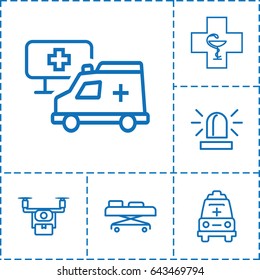 Ambulance icon. set of 6 ambulance outline icons such as siren, ambulance, hospital, hospital stretch, pharmacy