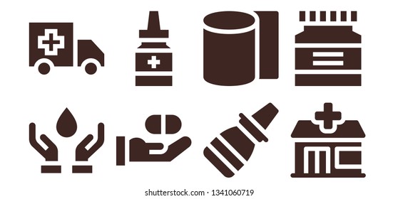 ambulance icon set. 8 filled ambulance icons.  Simple modern icons about  - Blood donation, Ambulance, Medicine, Nasal spray, Bandages, Pharmacy