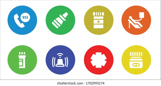 ambulance icon set. 8 filled ambulance icons. Included Emergency call, Medicine, Nasal spray, Siren, Clinic, Blood donation icons