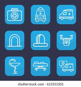 Ambulance icon. set of 9 outline ambulance icons such as siren, ambulance, medicine, hospital, hospital stretch, medical drone