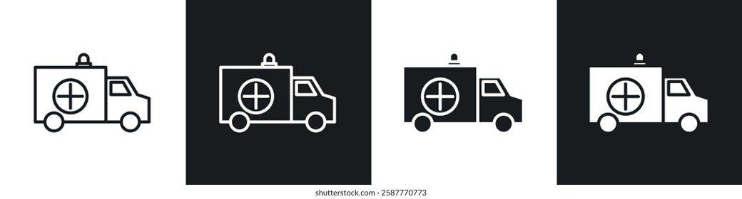Ambulance icon set black and white colors. Graphic Vector icons pack
