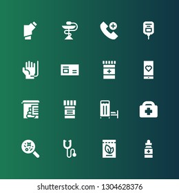 ambulance icon set. Collection of 16 filled ambulance icons included Medicine, Phonendoscope, Disease, Healthcare, Medical room, Stool test, Medical app, Blood donation, Saline
